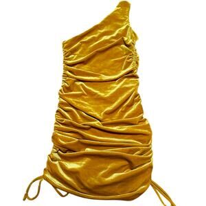 House of Harlow 1960 Gold Velvet One Shoulder Ruched Cocktail Dress – Size M